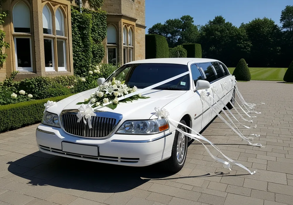 Decorated wedding limousine