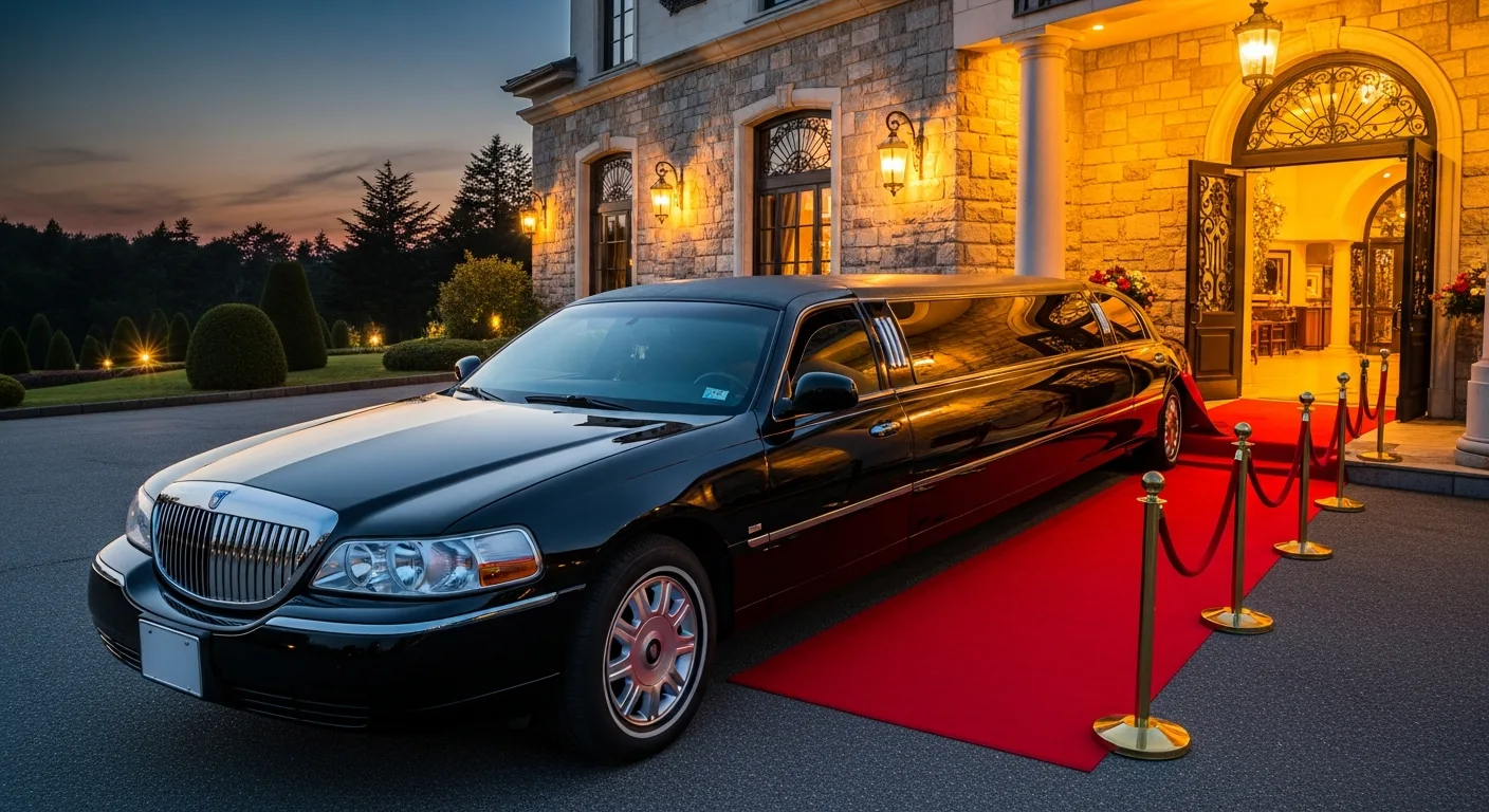 Black wedding limousine on a red carpet